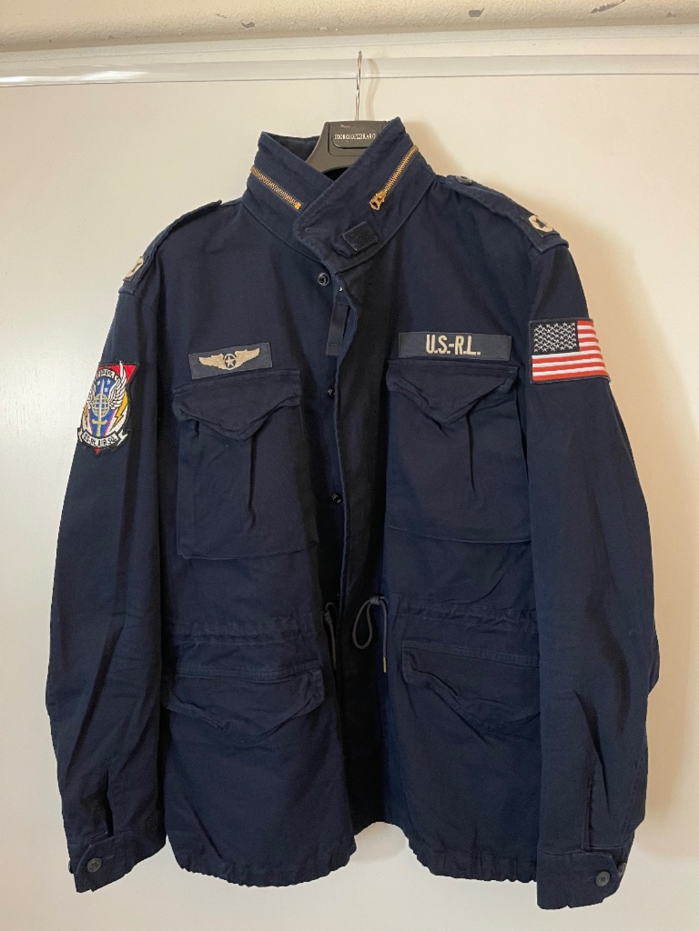 Polo Ralph Lauren Mens Denim Hooded Military Field Patch Jacket Size 2XL